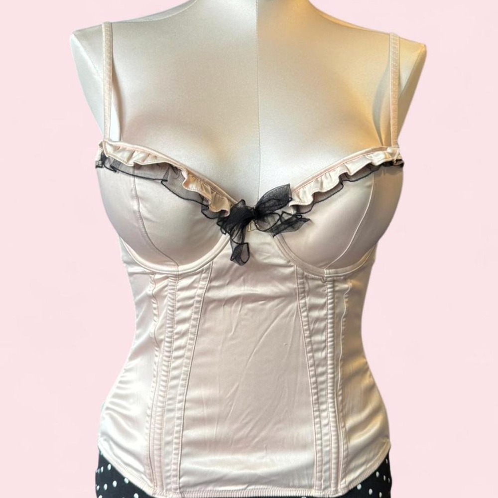 Cream satin corset cami with black lace trim